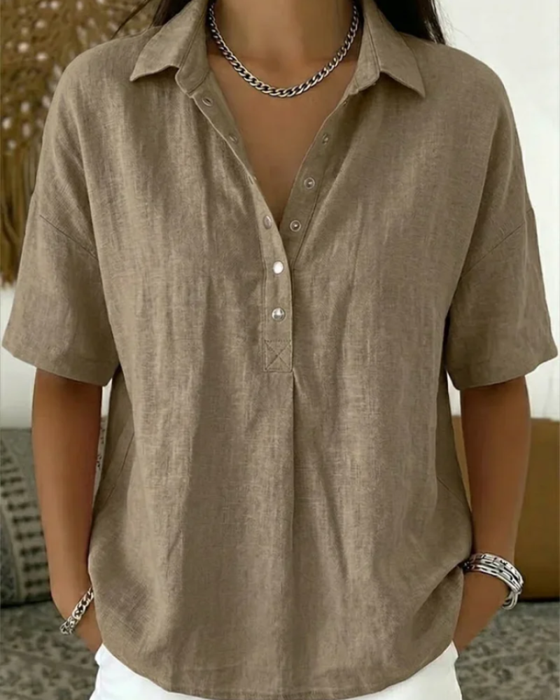 Helena Women's V-Neck Blouse – Short Sleeve Button Detail Smart Casual Shirt