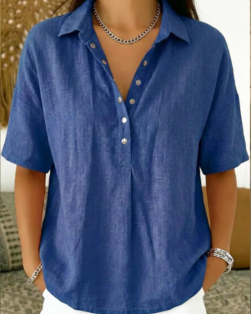 Helena Women's V-Neck Blouse – Short Sleeve Button Detail Smart Casual Shirt
