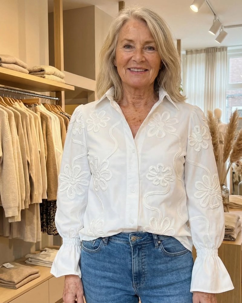 Cecilia Women's Embroidered Blouse – Long Sleeve Floral Button-Up Elegant Shirt
