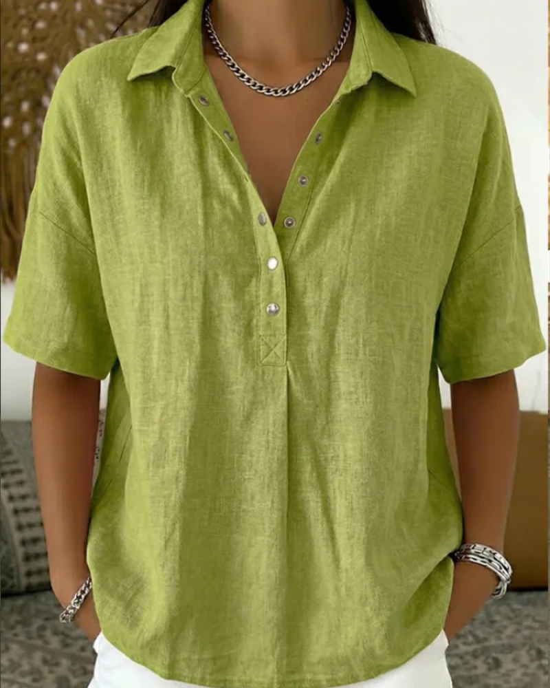 Helena Women's V-Neck Blouse – Short Sleeve Button Detail Smart Casual Shirt