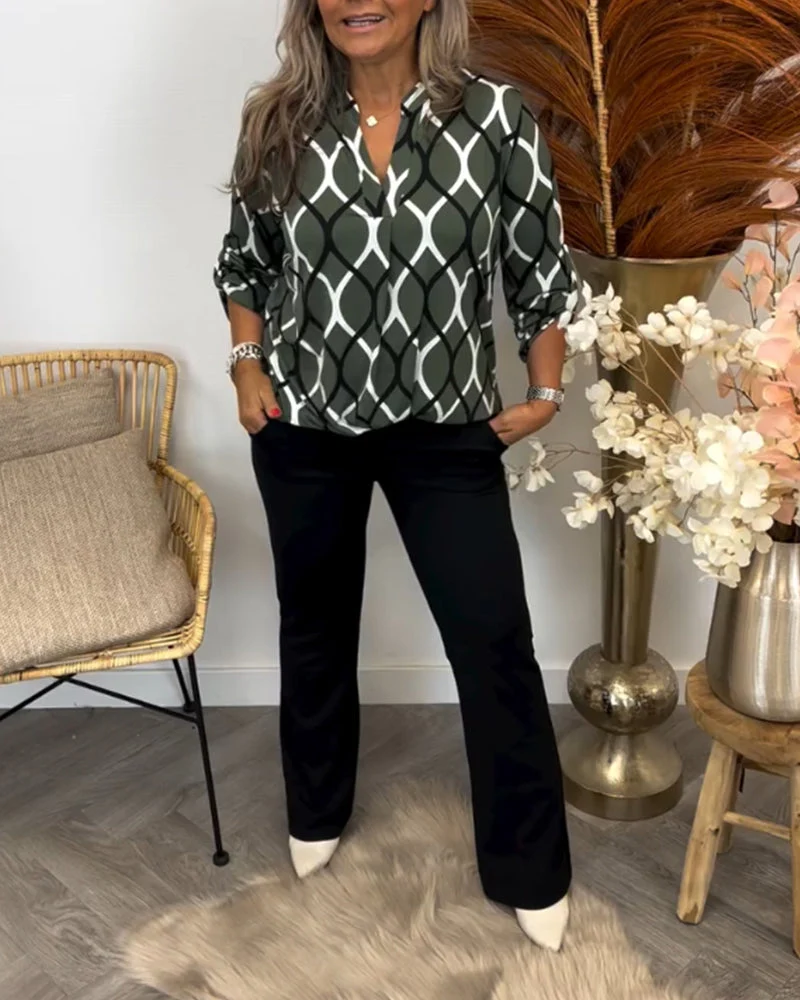 Mirabelle Women's Geometric Blouse – 3/4 Sleeve V-Neck Smart Casual Top