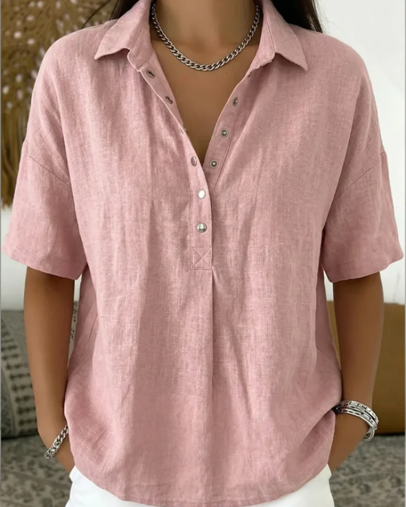 Helena Women's V-Neck Blouse – Short Sleeve Button Detail Smart Casual Shirt
