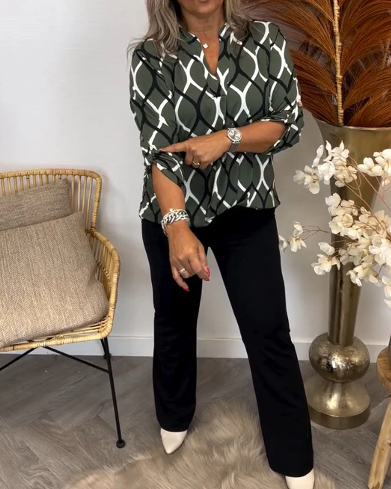 Mirabelle Women's Geometric Blouse – 3/4 Sleeve V-Neck Smart Casual Top