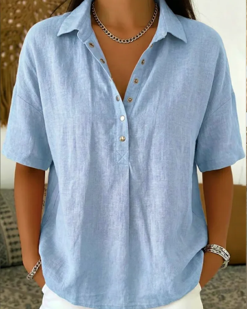 Helena Women's V-Neck Blouse – Short Sleeve Button Detail Smart Casual Shirt