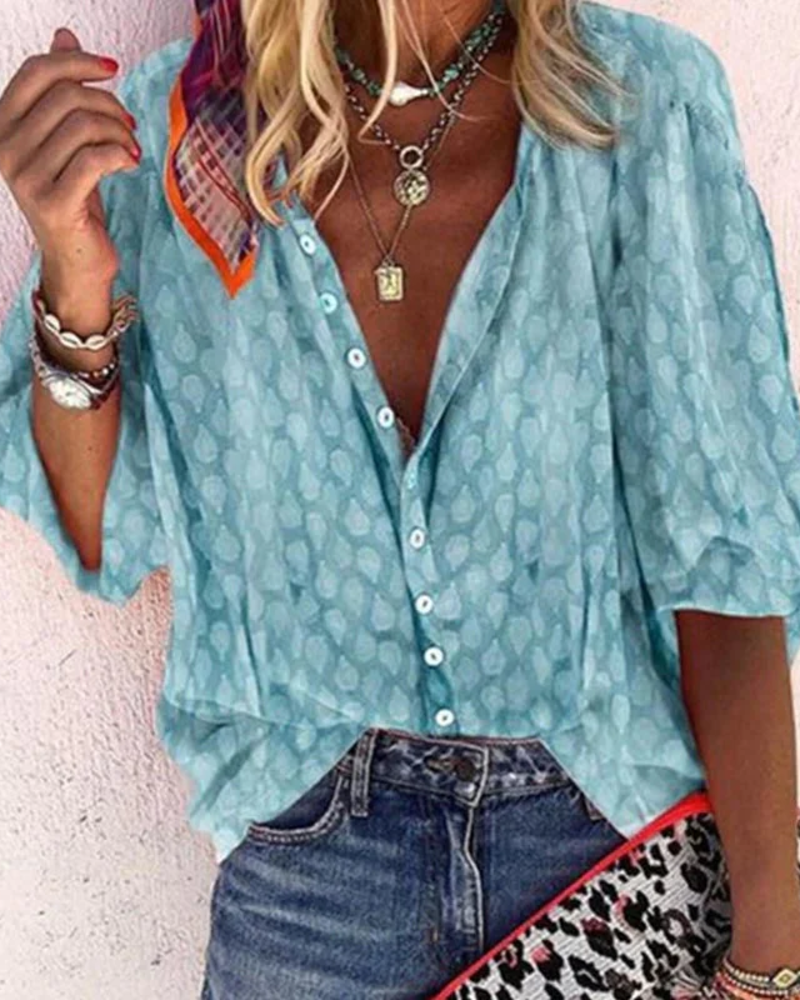 Adeline Women's Printed Blouse – V-Neck Button-Up Short Sleeve Smart Casual Shirt