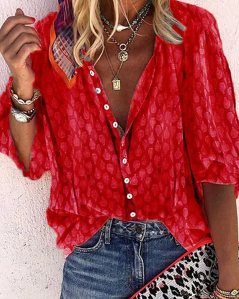 Adeline Women's Printed Blouse – V-Neck Button-Up Short Sleeve Smart Casual Shirt