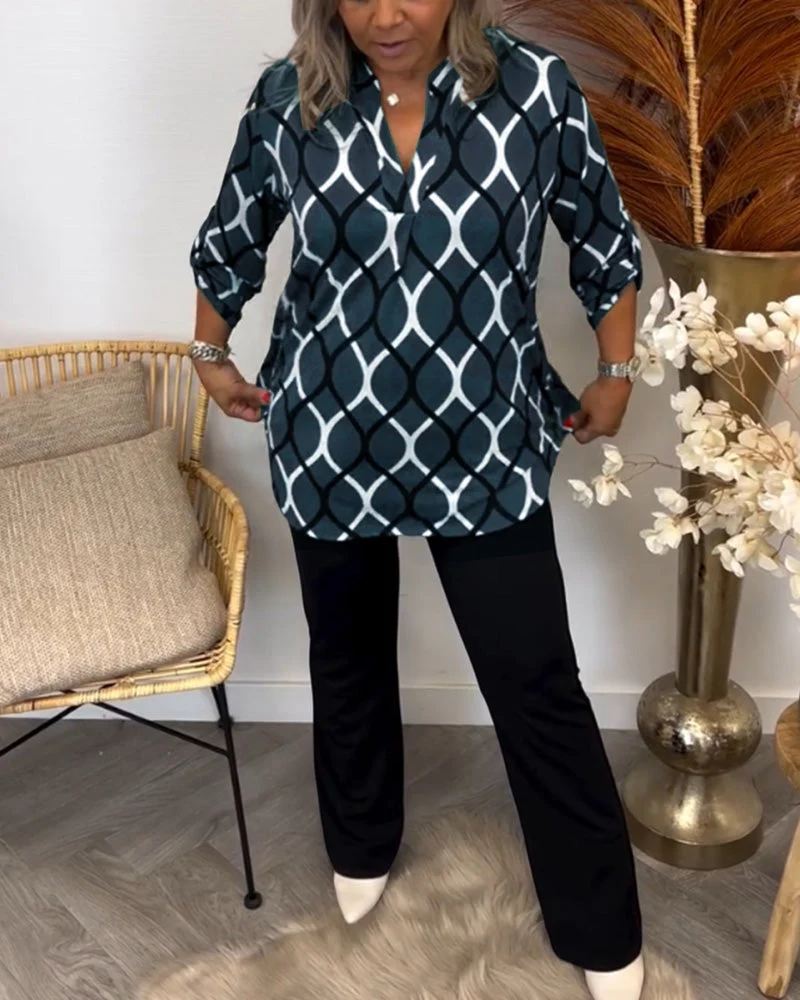 Mirabelle Women's Geometric Blouse – 3/4 Sleeve V-Neck Smart Casual Top