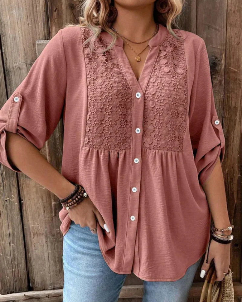 Vivienne Women's V-Neck Blouse – Roll Sleeve Button-Up Smart Casual Shirt