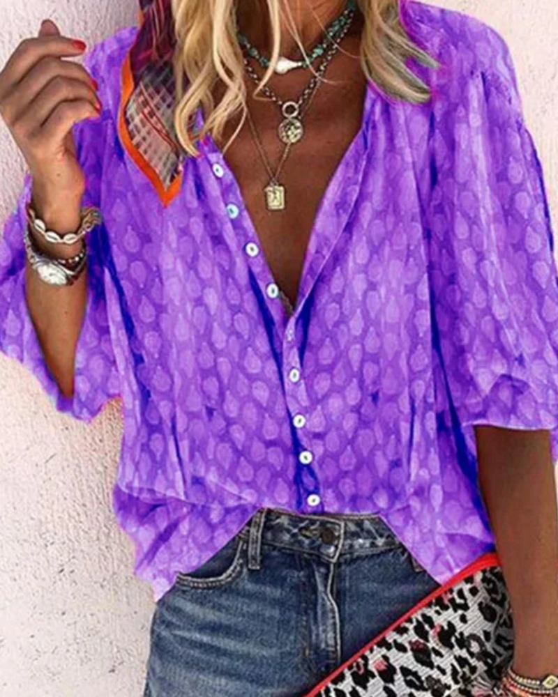 Adeline Women's Printed Blouse – V-Neck Button-Up Short Sleeve Smart Casual Shirt