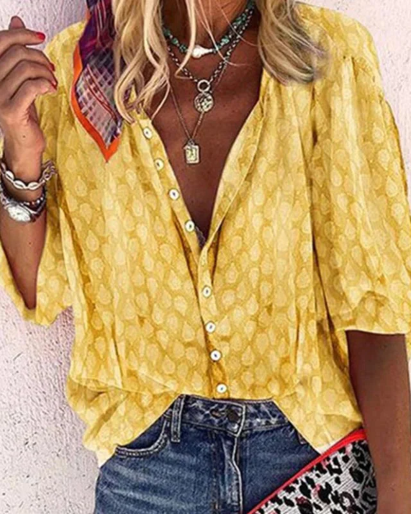 Adeline Women's Printed Blouse – V-Neck Button-Up Short Sleeve Smart Casual Shirt