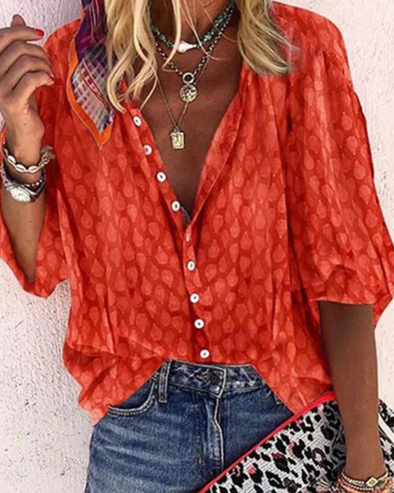 Adeline Women's Printed Blouse – V-Neck Button-Up Short Sleeve Smart Casual Shirt