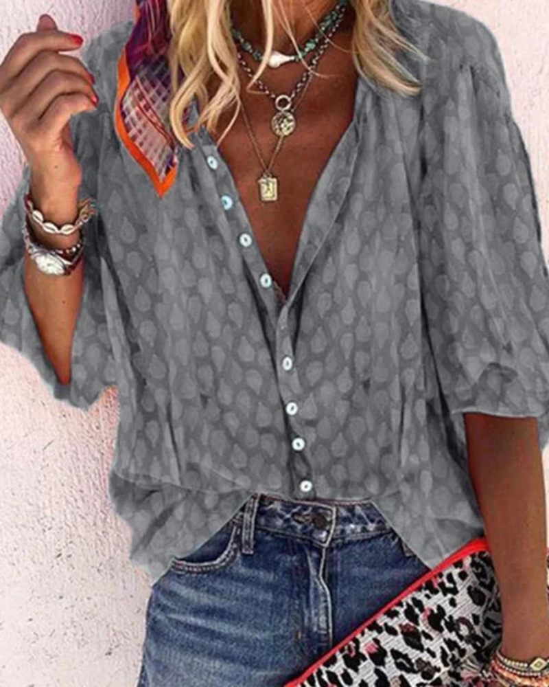 Adeline Women's Printed Blouse – V-Neck Button-Up Short Sleeve Smart Casual Shirt