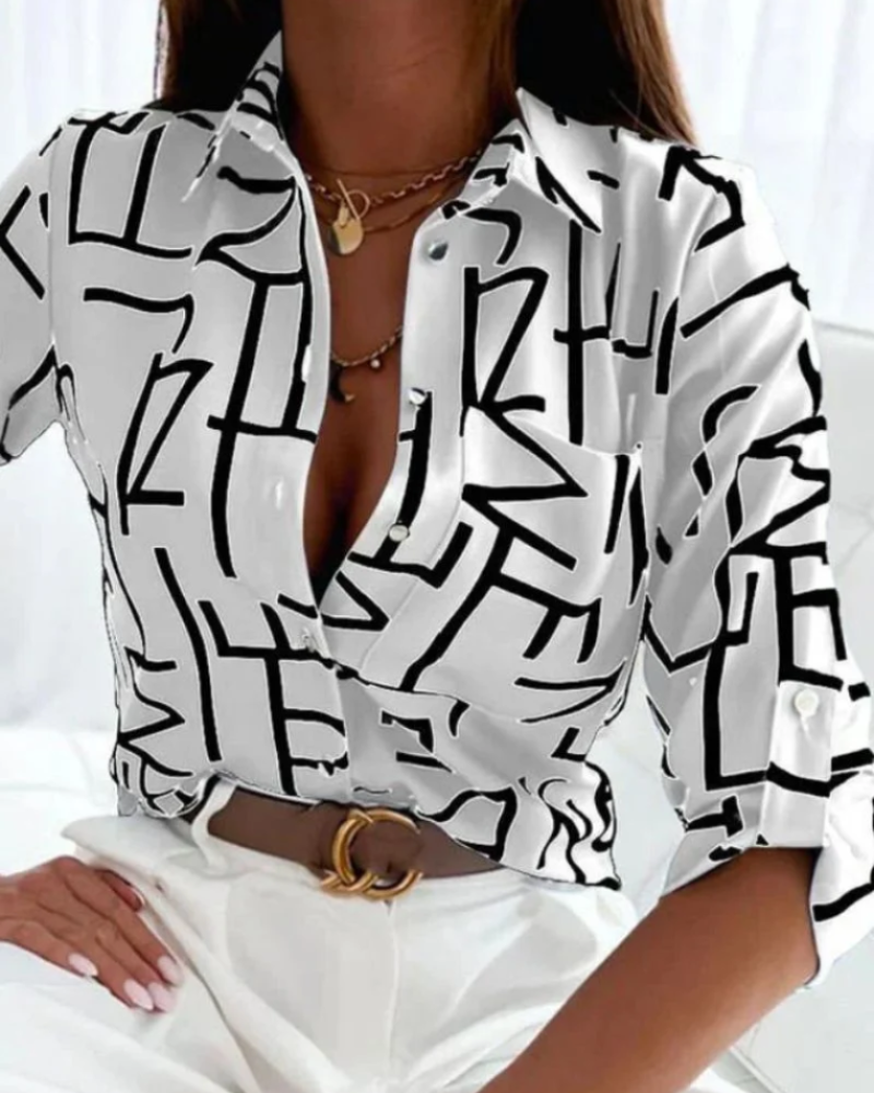 Beatrice Women's Printed Blouse – Graphic Button-Up Shirt with Collar & Long Sleeves