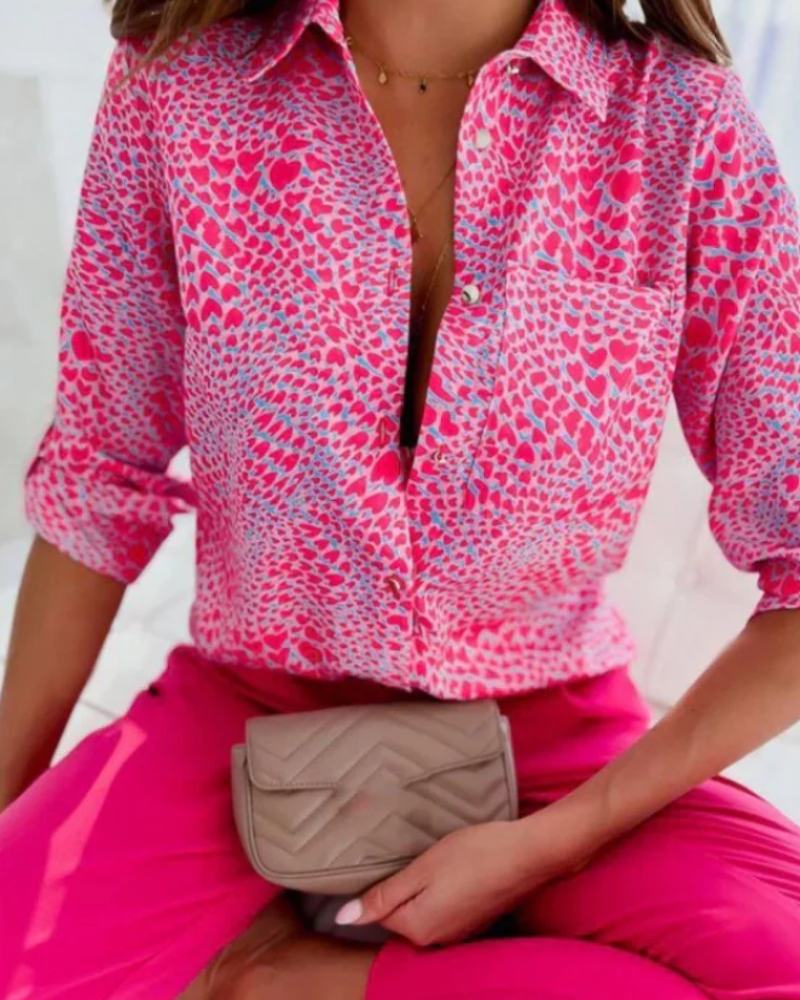 Beatrice Women's Printed Blouse – Graphic Button-Up Shirt with Collar & Long Sleeves