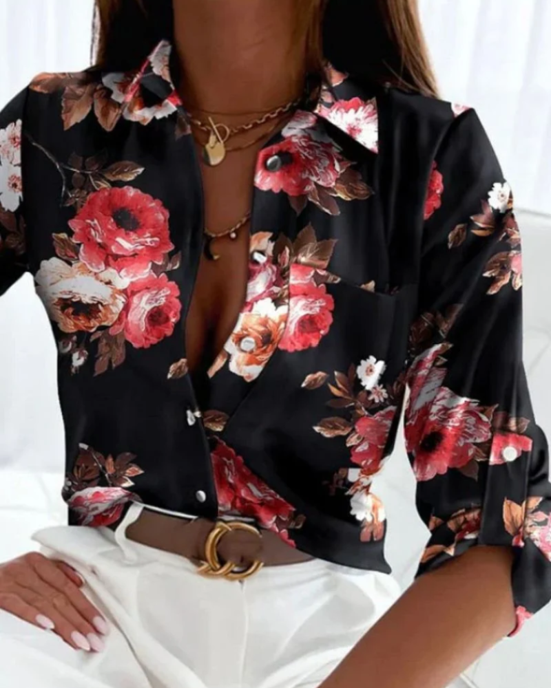 Beatrice Women's Printed Blouse – Graphic Button-Up Shirt with Collar & Long Sleeves