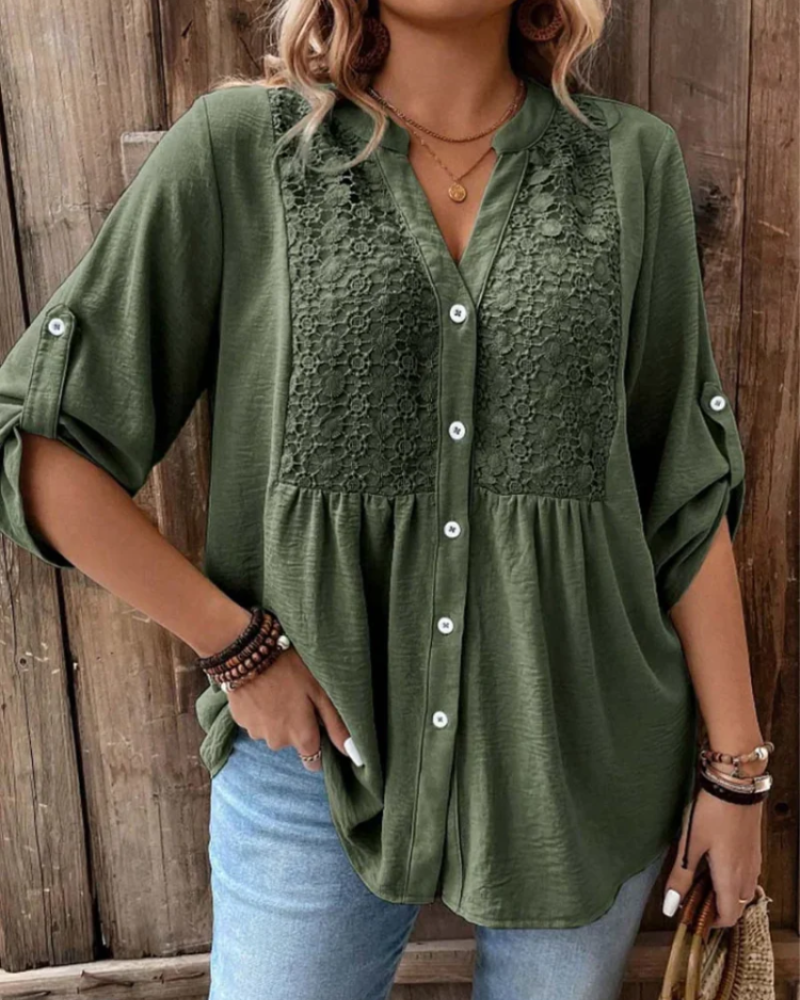 Vivienne Women's V-Neck Blouse – Roll Sleeve Button-Up Smart Casual Shirt