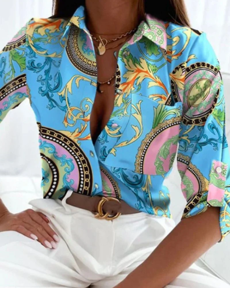 Beatrice Women's Printed Blouse – Graphic Button-Up Shirt with Collar & Long Sleeves