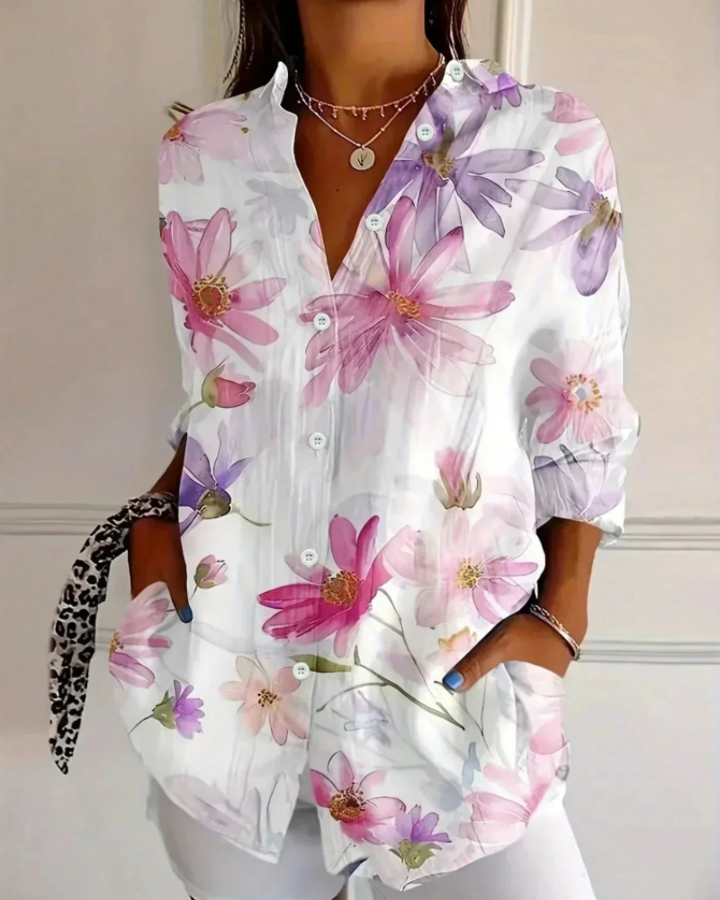 Loretta Women's Floral Blouse – Long Sleeve Button-Up Smart Casual Printed Shirt