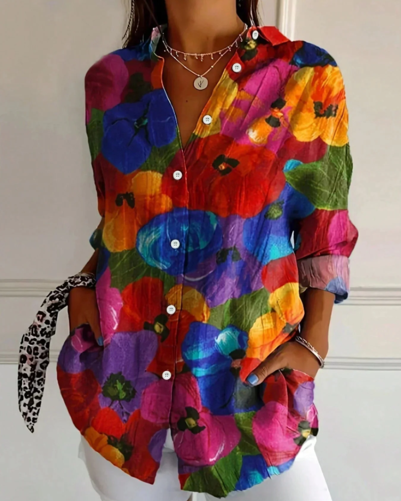 Loretta Women's Floral Blouse – Long Sleeve Button-Up Smart Casual Printed Shirt