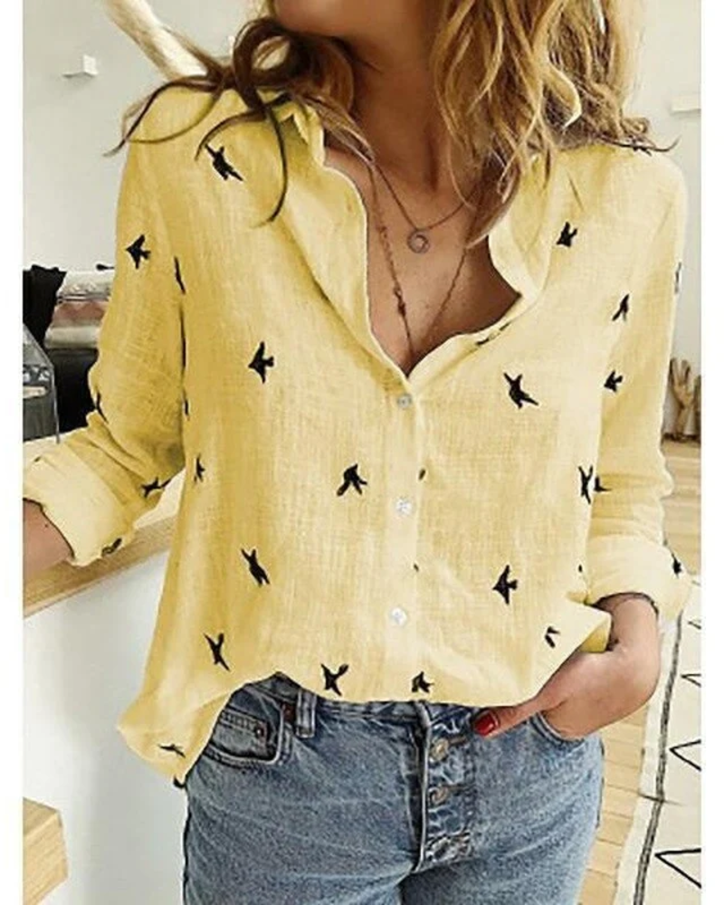 Meredith Women's Button-Up Blouse – Half Sleeve Smart Casual Shirt with Bird Print