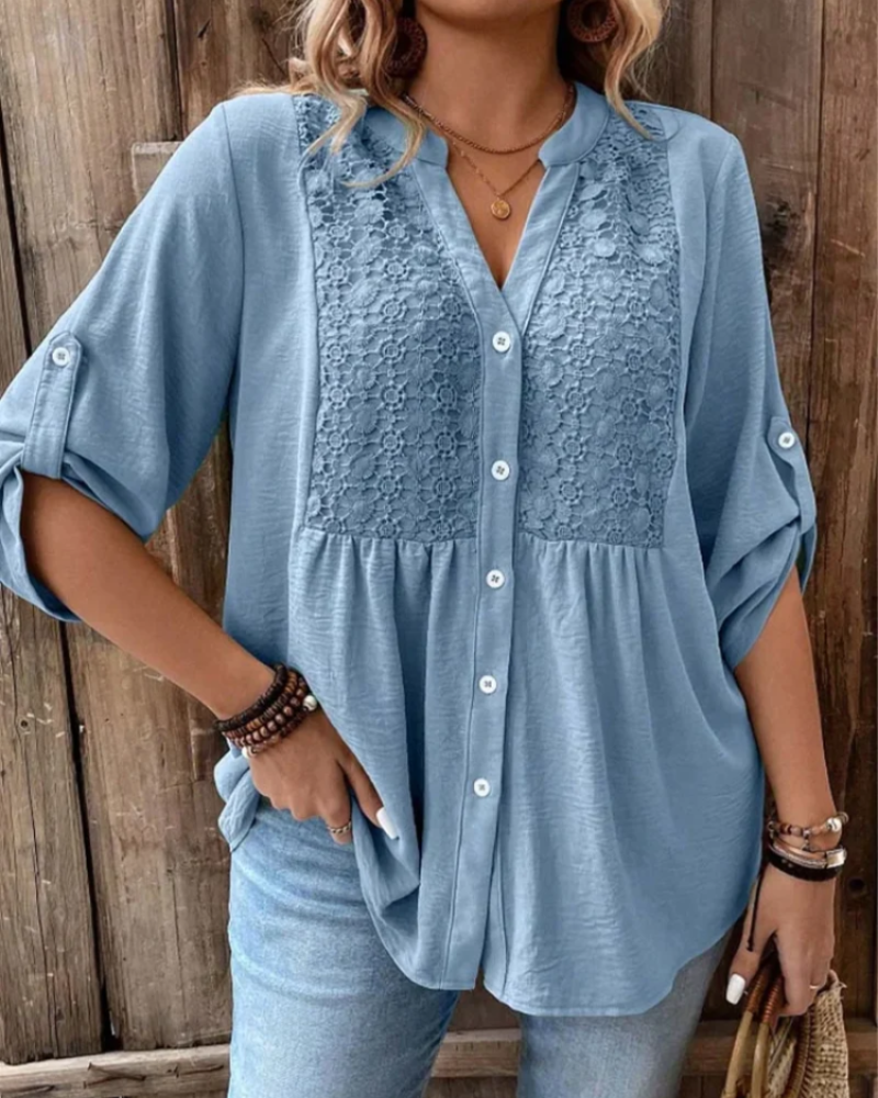 Vivienne Women's V-Neck Blouse – Roll Sleeve Button-Up Smart Casual Shirt