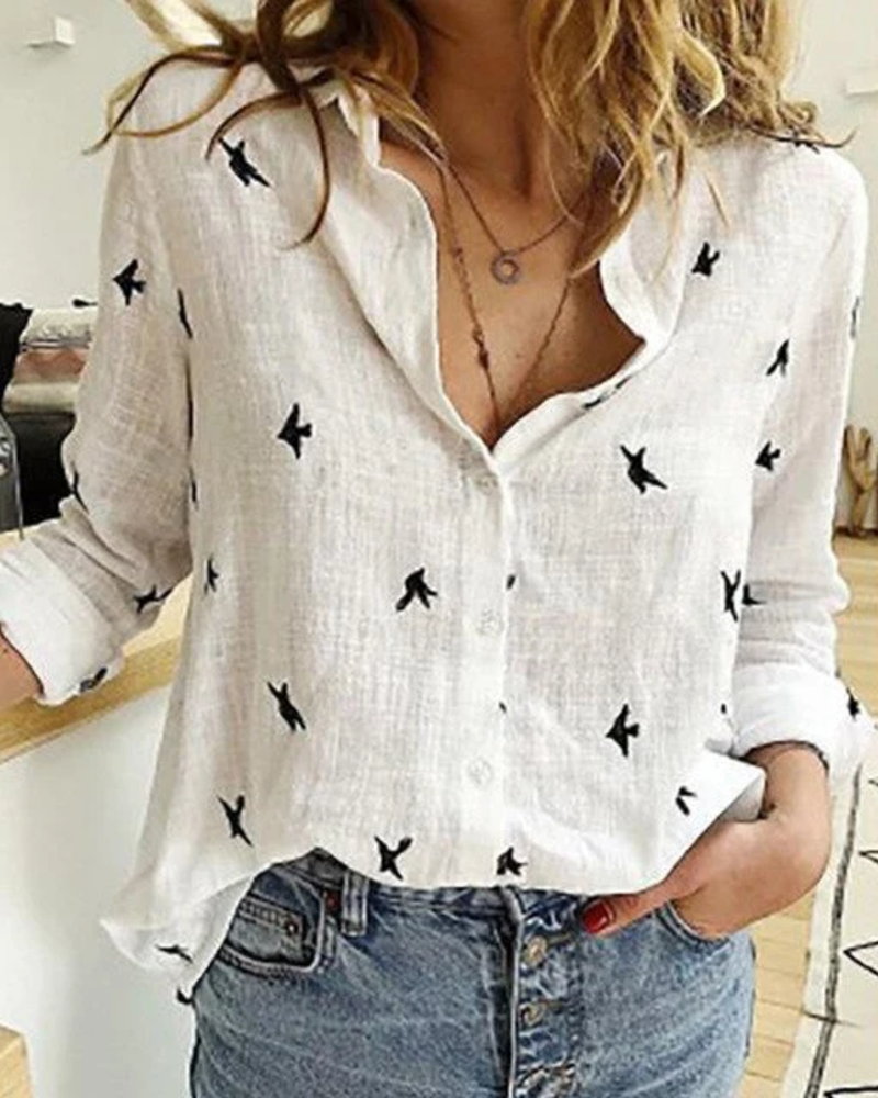 Meredith Women's Button-Up Blouse – Half Sleeve Smart Casual Shirt with Bird Print