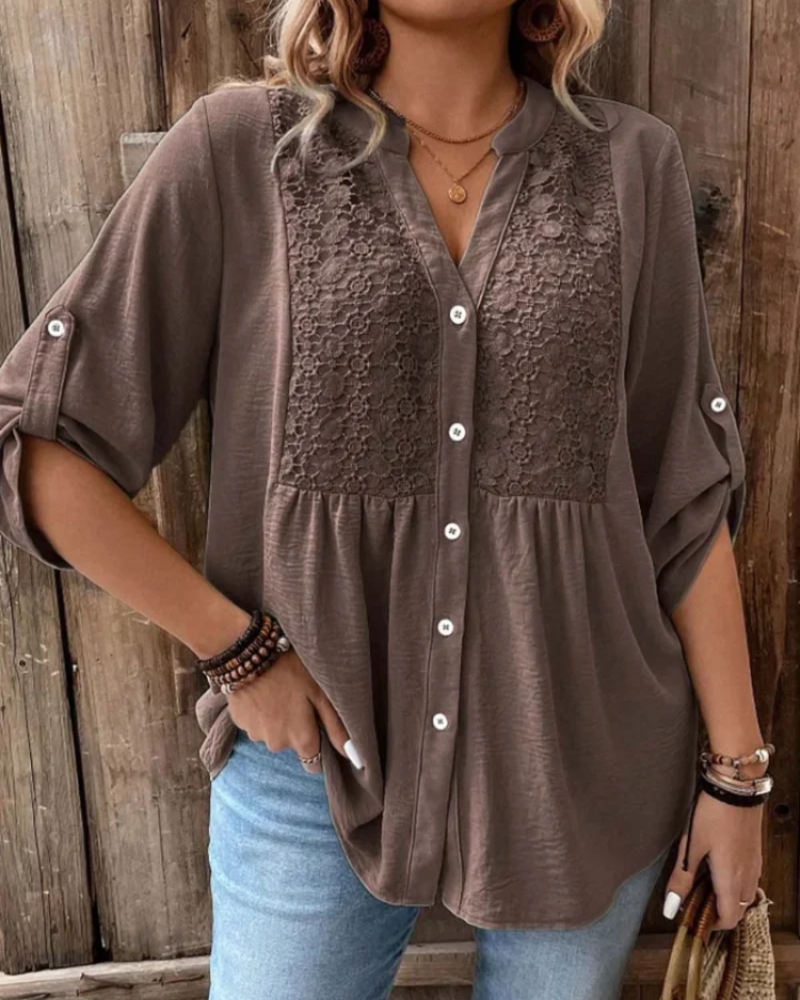 Vivienne Women's V-Neck Blouse – Roll Sleeve Button-Up Smart Casual Shirt