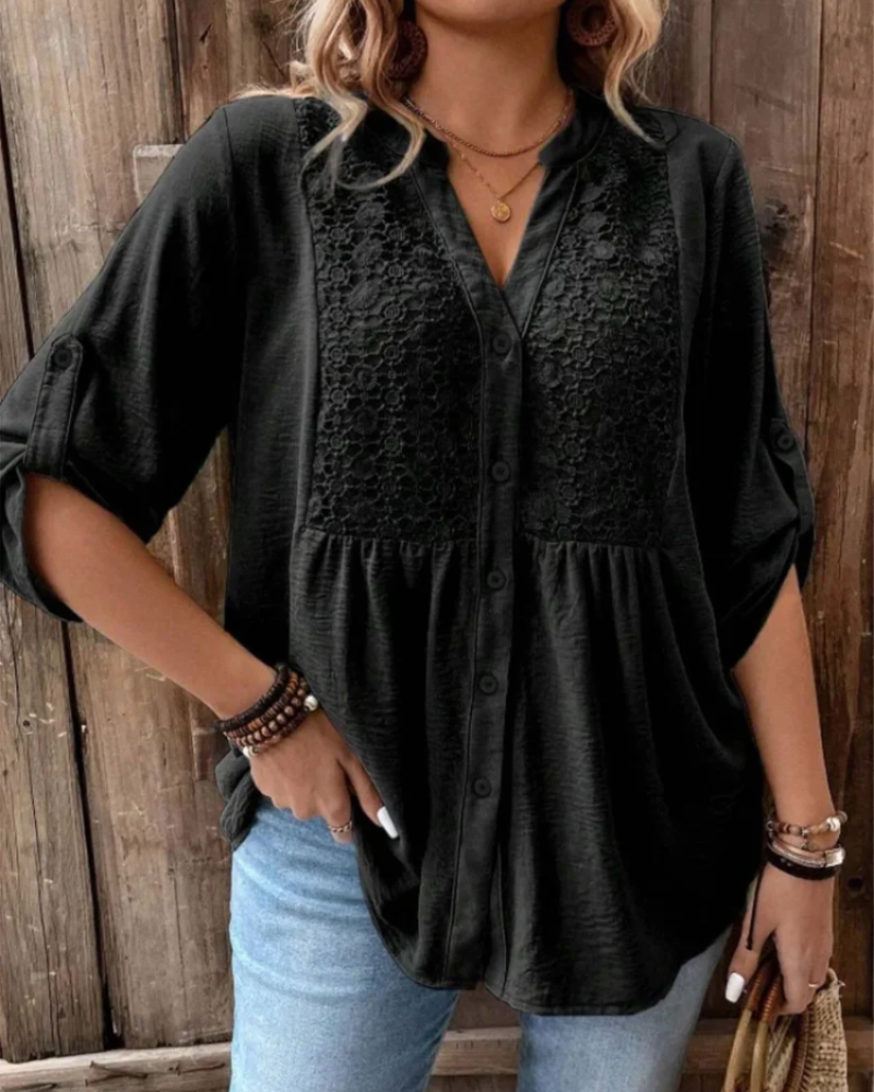 Vivienne Women's V-Neck Blouse – Roll Sleeve Button-Up Smart Casual Shirt