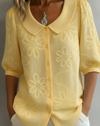 Harriet Women's Embroidered Blouse – Floral Button-Up Short Sleeve Smart Casual Top