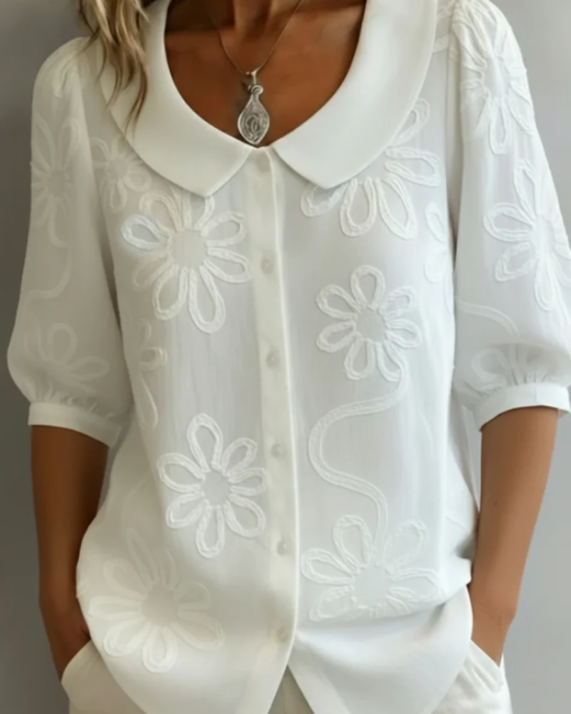 Harriet Women's Embroidered Blouse – Floral Button-Up Short Sleeve Smart Casual Top