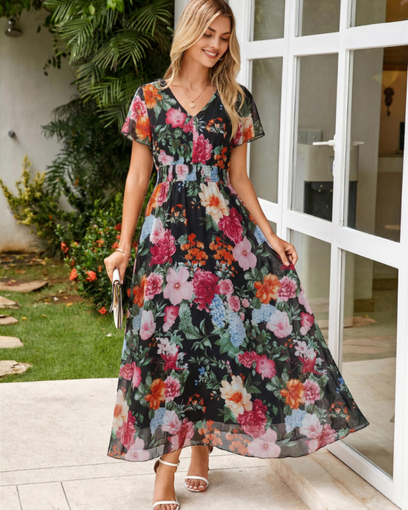 Isabella Women's Floral Maxi Dress – Boho V-Neck Wedding Guest Midi Dress
