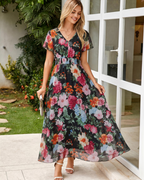 Isabella Women's Floral Maxi Dress – Boho V-Neck Wedding Guest Midi Dress