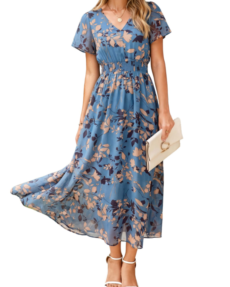 Isabella Women's Floral Maxi Dress – Boho V-Neck Wedding Guest Midi Dress