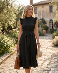 Corinne Women's Eyelet Dress – Stand Collar Belted A-Line Summer Dress