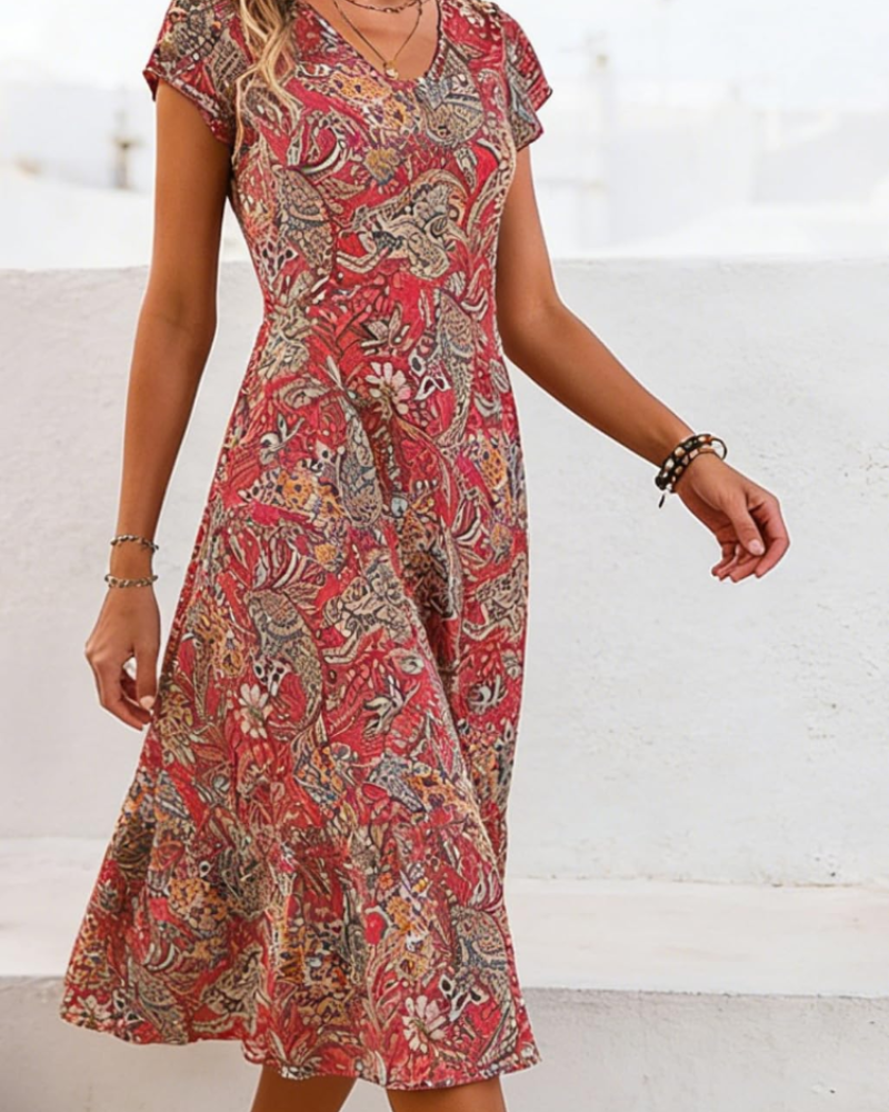 Geneva Women's Floral Midi Dress – V-Neck Short Sleeve A-Line Summer Dress