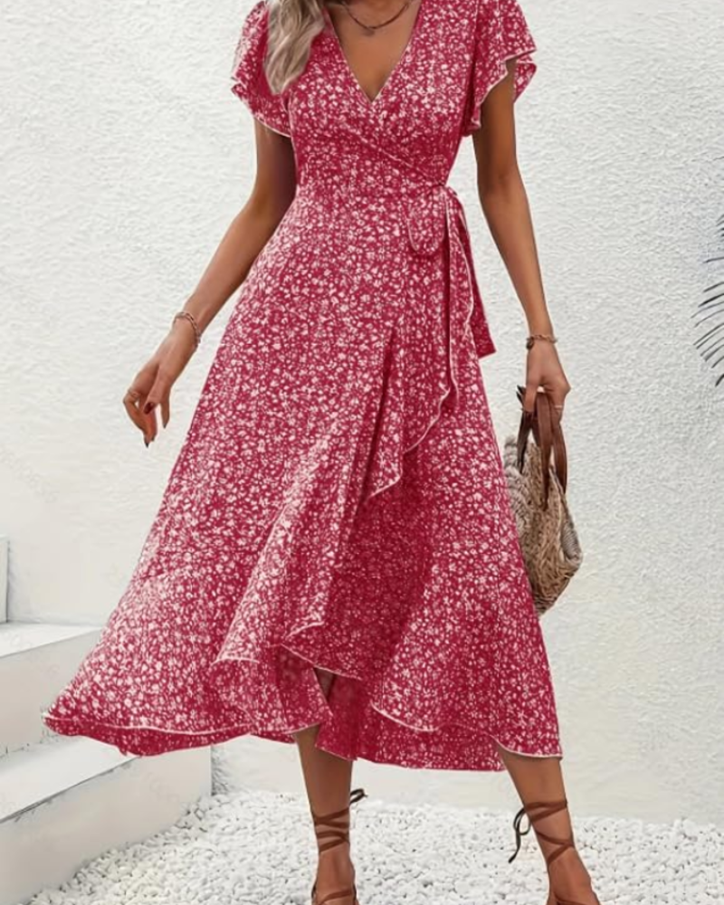 Celeste Women's Floral Midi Dress – V-Neck Flutter Sleeve Empire Waist Summer Dress