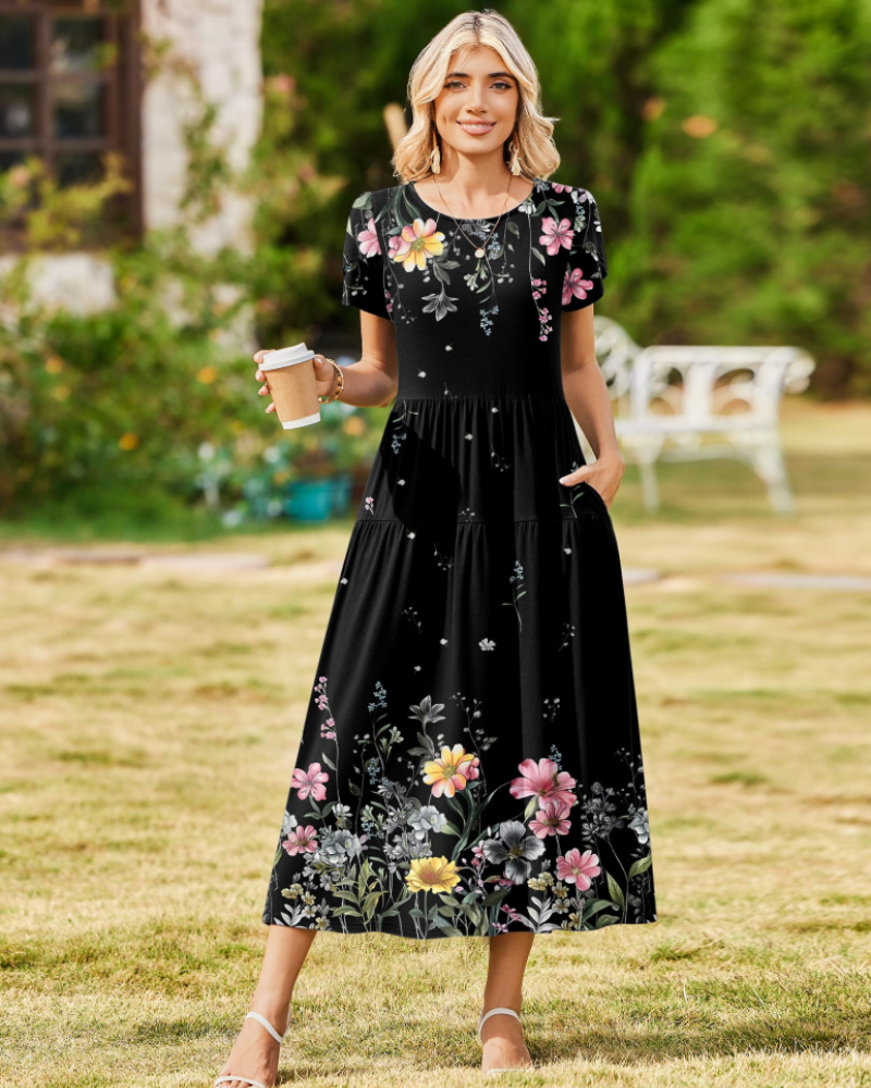 Olivia Women's Boho Maxi Dress – Floral A-Line Summer Dress with Pockets