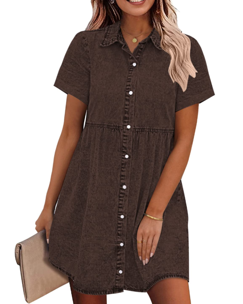 Emma Women's Denim Shirt Dress – Babydoll Button Down Tiered Jean Dress