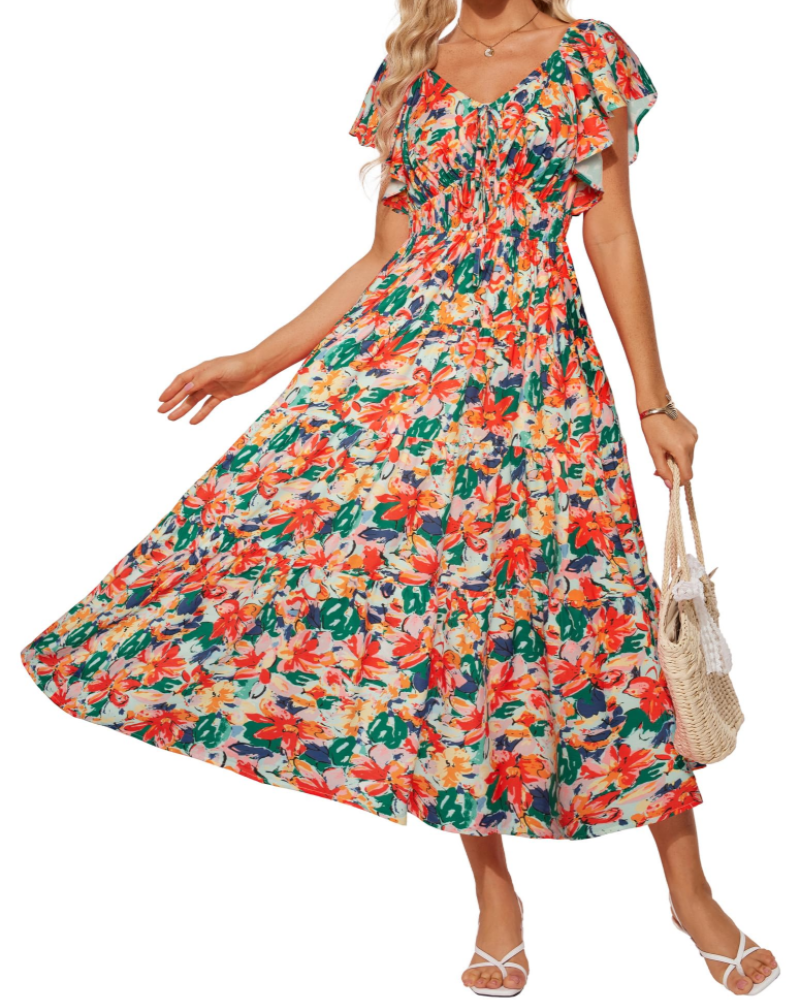Isabella Women's Floral Maxi Dress – V-Neck Ruffle Sleeve Summer Dress