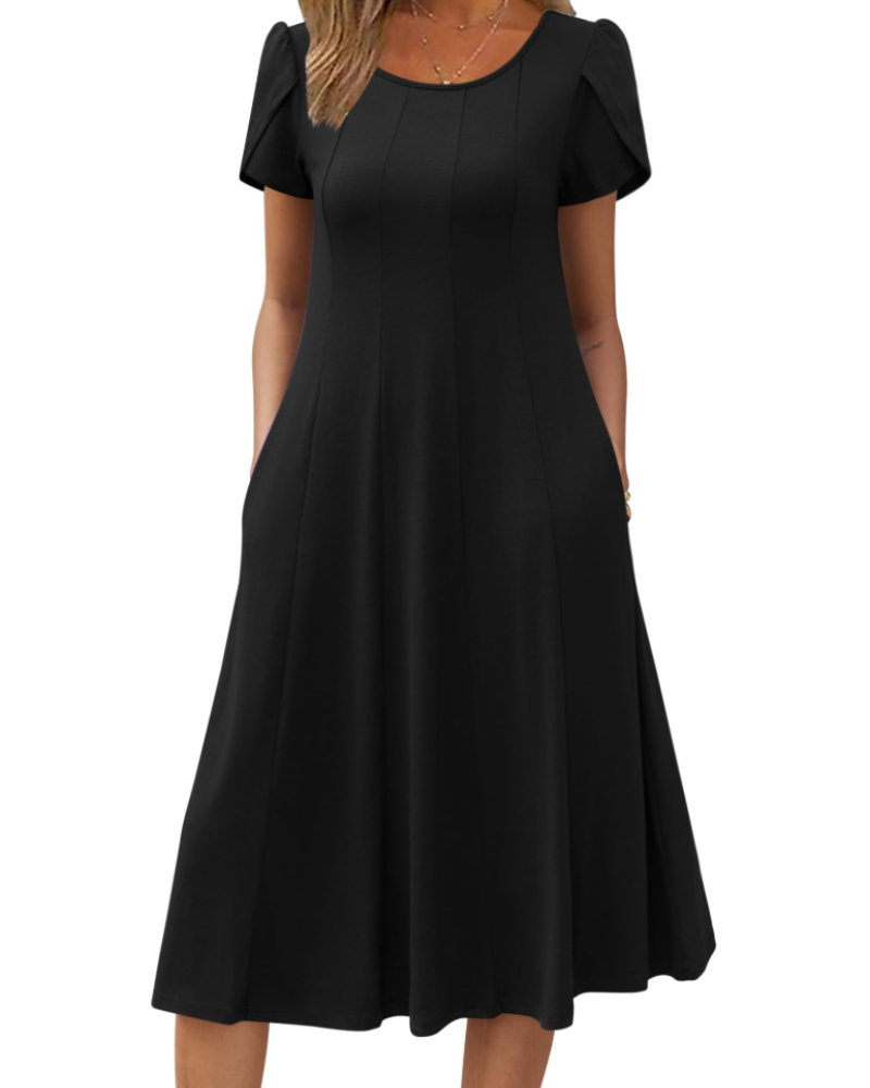 Emma Women's Midi Dress – A-Line Short Sleeve Summer Dress with Pockets