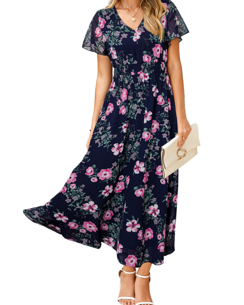 Isabella Women's Floral Maxi Dress – Boho V-Neck Wedding Guest Midi Dress