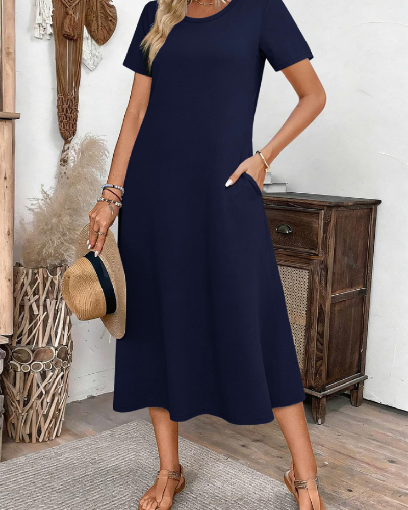 Briony Women's Floral Midi Dress – Short Sleeve Round Neck Casual Summer Dress