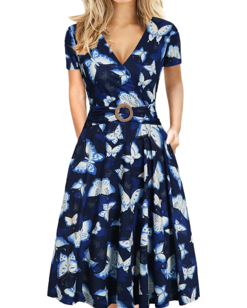 Natalie Women's Midi Dress – Deep V-Neck Short Sleeve Dress with Pockets