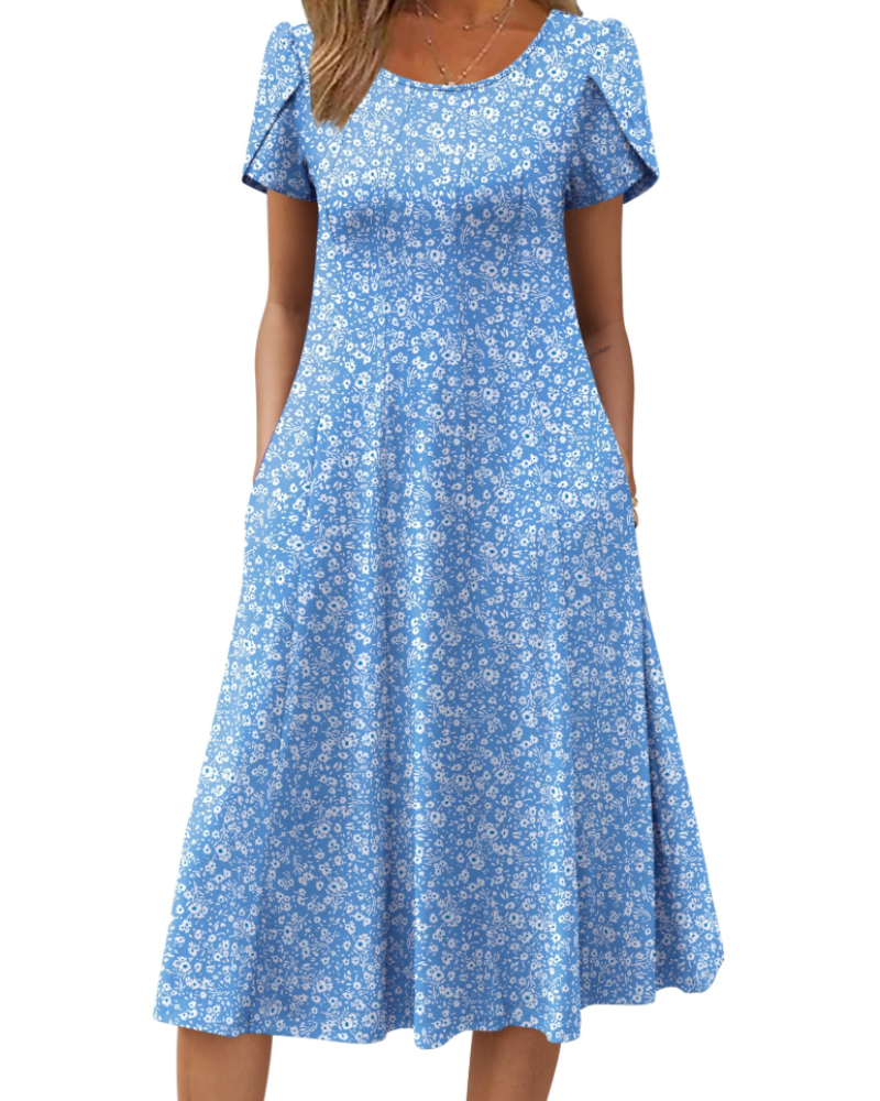 Emma Women's Midi Dress – A-Line Short Sleeve Summer Dress with Pockets