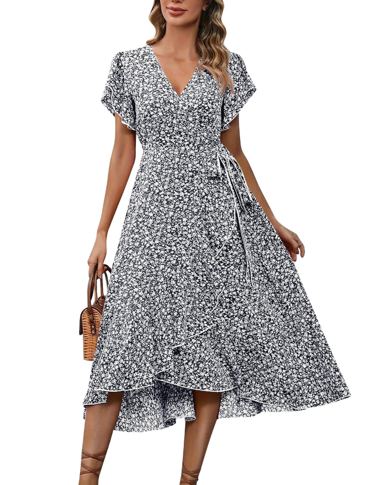 Celeste Women's Floral Midi Dress – V-Neck Flutter Sleeve Empire Waist Summer Dress