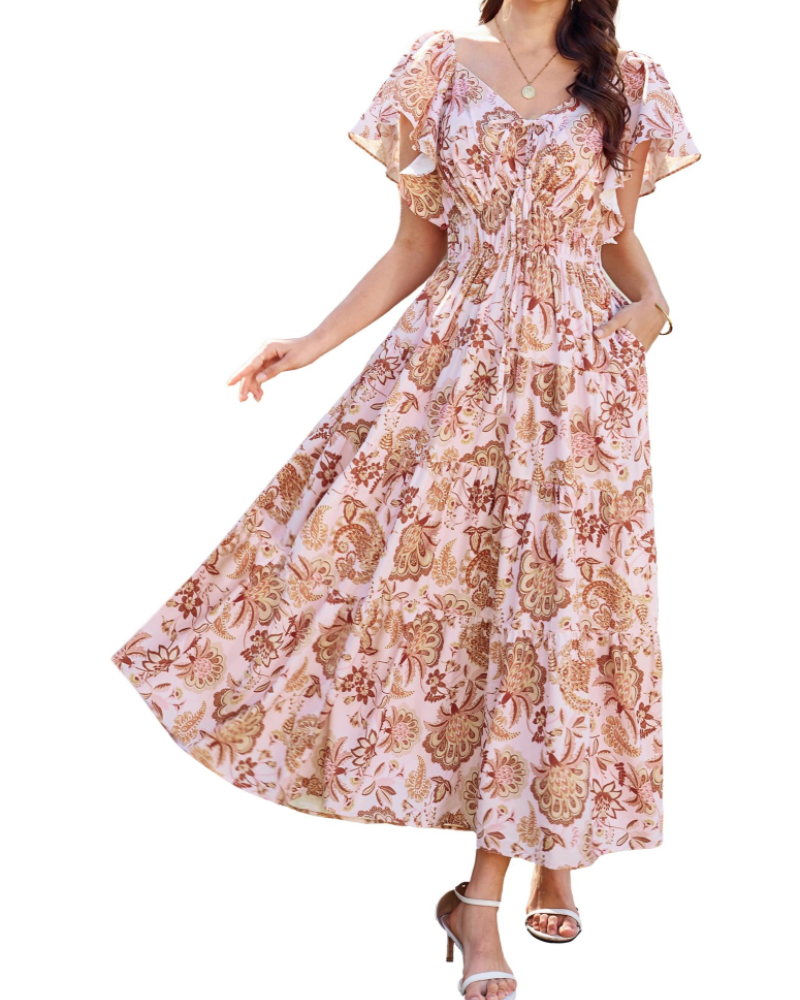 Isabella Women's Floral Maxi Dress – V-Neck Ruffle Sleeve Summer Dress