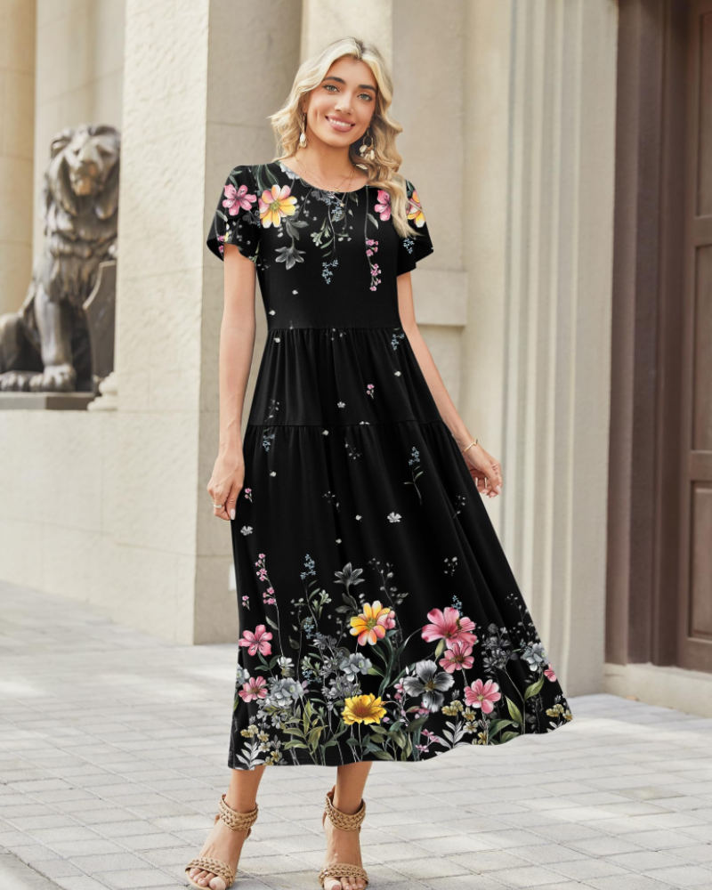 Olivia Women's Boho Maxi Dress – Floral A-Line Summer Dress with Pockets