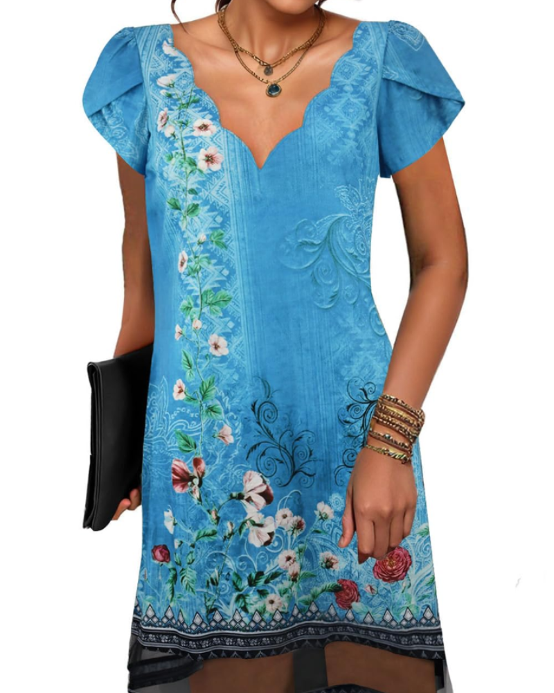 Yana Women's V-Neck Mini Dress – Casual Printed Summer Tunic with Short Sleeves