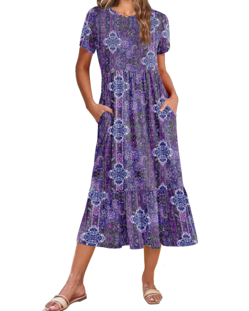 Emily Women's Tiered Midi Dress – A-Line Summer Sundress with Pockets
