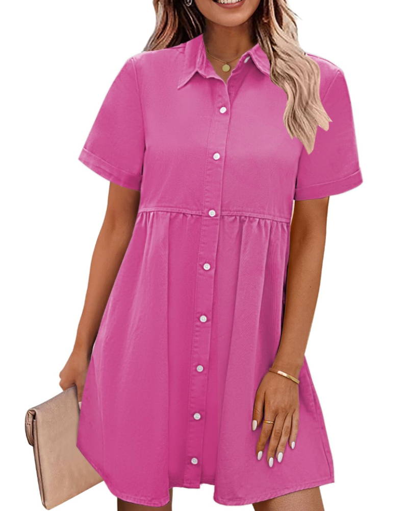 Emma Women's Denim Shirt Dress – Babydoll Button Down Tiered Jean Dress
